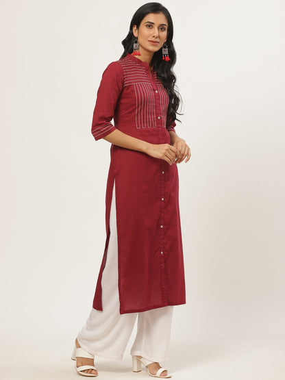 Women Maroon Calf Length Three-Quarter Sleeves Straight Solid Solid Cotton Kurta | LASVINI - Redefining Indian Fashion with Elegance