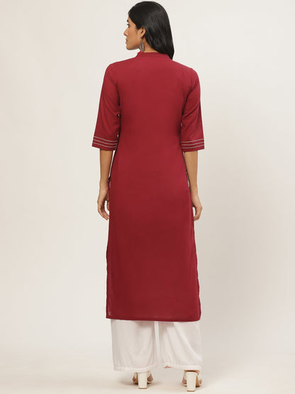 Women Maroon Calf Length Three-Quarter Sleeves Straight Solid Solid Cotton Kurta | LASVINI - Redefining Indian Fashion with Elegance