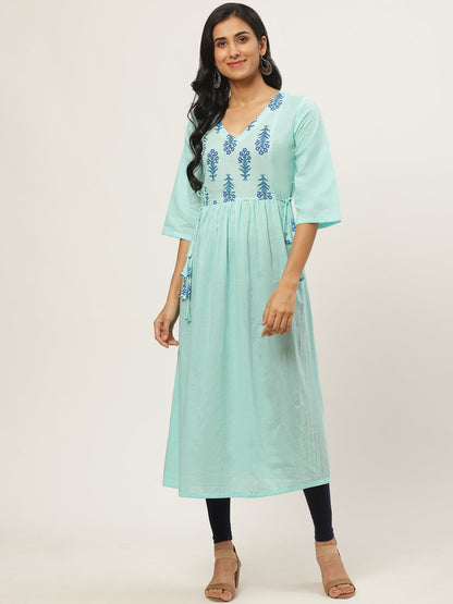 Women Blue Calf Length Three-Quarter Sleeves A-Line Solid Solid Cotton Kurta | LASVINI - Redefining Indian Fashion with Elegance
