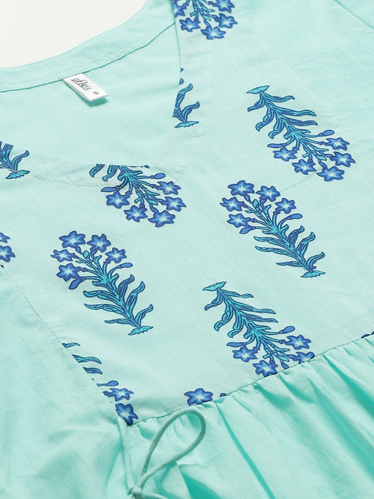 Women Blue Calf Length Three-Quarter Sleeves A-Line Solid Solid Cotton Kurta | LASVINI - Redefining Indian Fashion with Elegance