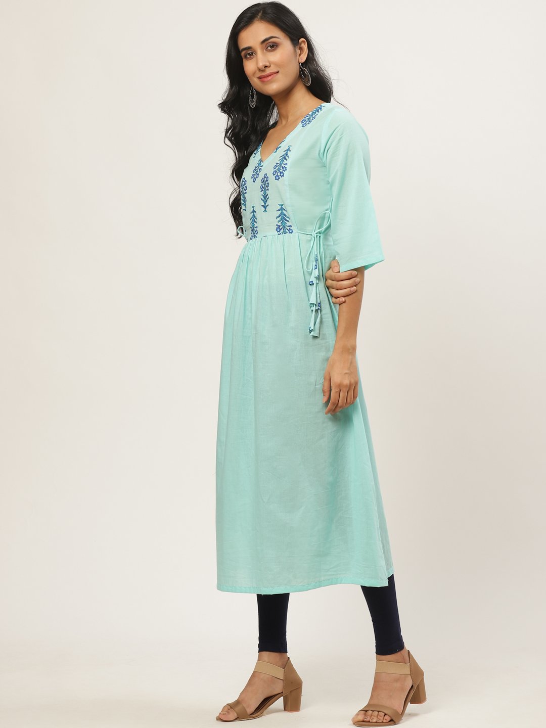 Women Blue Calf Length Three-Quarter Sleeves A-Line Solid Solid Cotton Kurta | LASVINI - Redefining Indian Fashion with Elegance