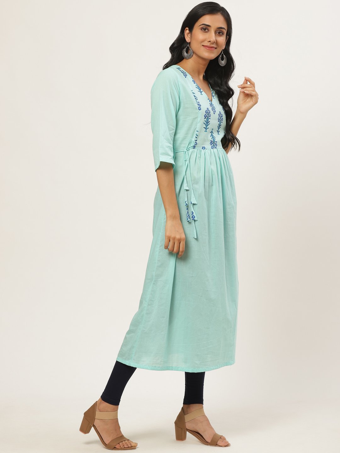 Women Blue Calf Length Three-Quarter Sleeves A-Line Solid Solid Cotton Kurta | LASVINI - Redefining Indian Fashion with Elegance