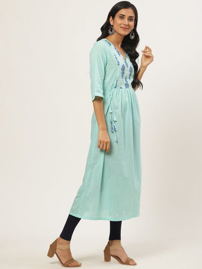 Women Blue Calf Length Three-Quarter Sleeves A-Line Solid Solid Cotton Kurta | LASVINI - Redefining Indian Fashion with Elegance