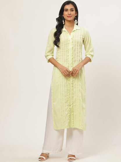Women Limeyellow Calf Length Three-Quarter Sleeves Straight Solid Solid Cotton Kurta | LASVINI - Redefining Indian Fashion with Elegance