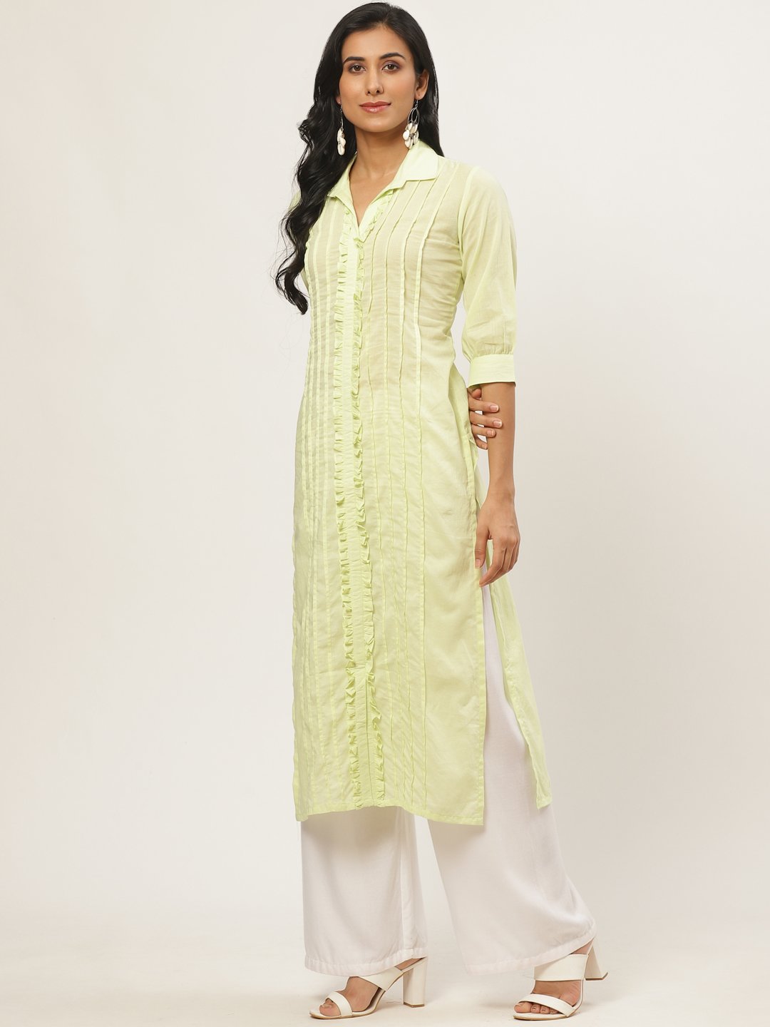 Women Limeyellow Calf Length Three-Quarter Sleeves Straight Solid Solid Cotton Kurta | LASVINI - Redefining Indian Fashion with Elegance