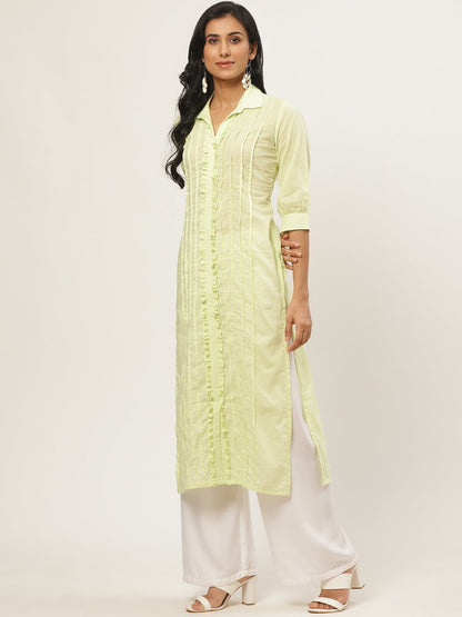 Women Limeyellow Calf Length Three-Quarter Sleeves Straight Solid Solid Cotton Kurta | LASVINI - Redefining Indian Fashion with Elegance