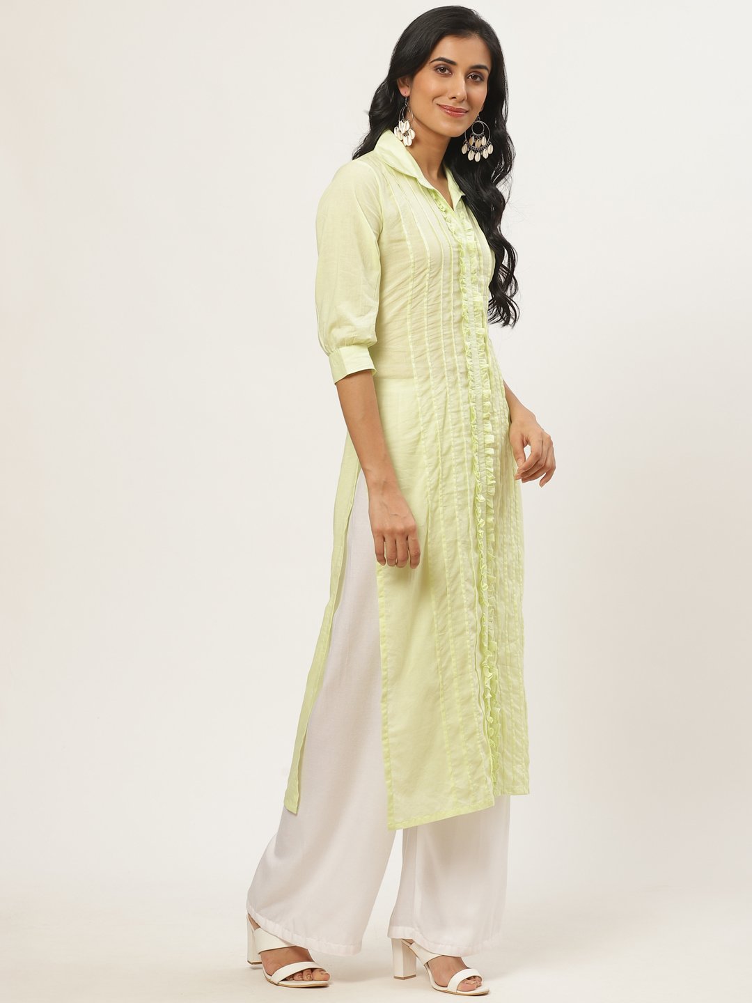 Women Limeyellow Calf Length Three-Quarter Sleeves Straight Solid Solid Cotton Kurta | LASVINI - Redefining Indian Fashion with Elegance
