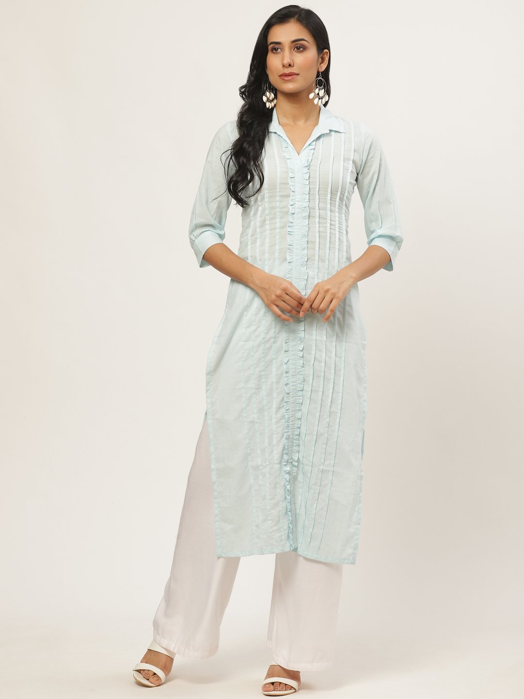 Women Blue Calf Length Three-Quarter Sleeves Straight Solid Solid Cotton Kurta | LASVINI - Redefining Indian Fashion with Elegance