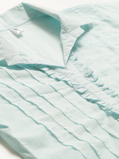 Women Blue Calf Length Three-Quarter Sleeves Straight Solid Solid Cotton Kurta | LASVINI - Redefining Indian Fashion with Elegance