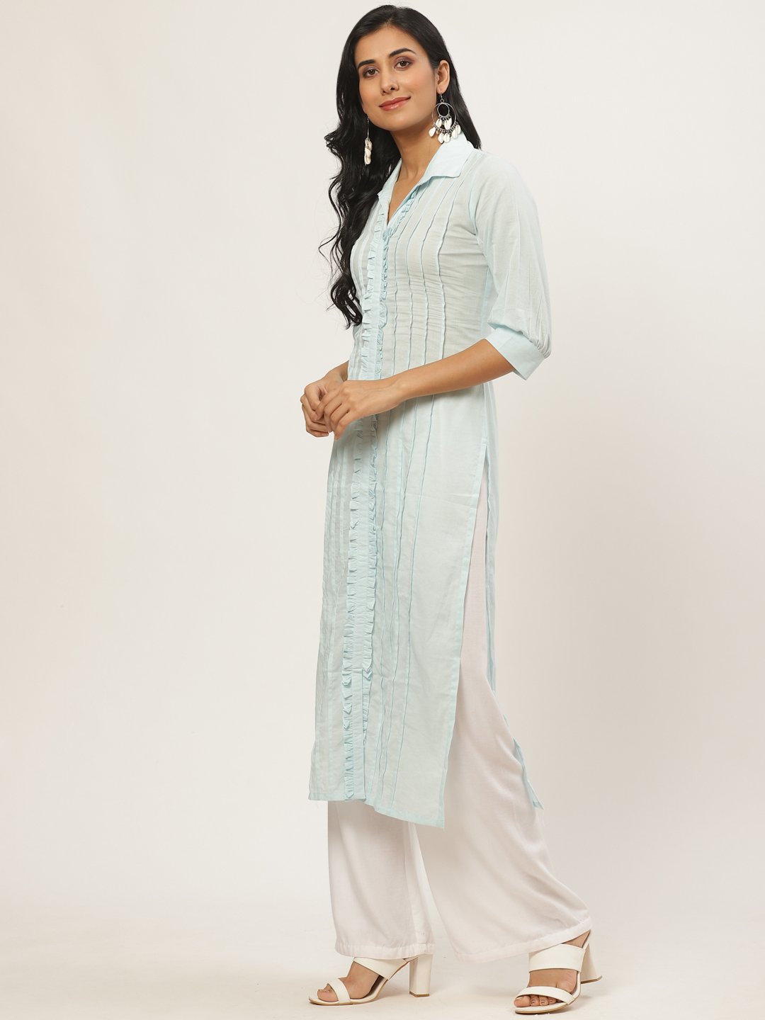Women Blue Calf Length Three-Quarter Sleeves Straight Solid Solid Cotton Kurta | LASVINI - Redefining Indian Fashion with Elegance