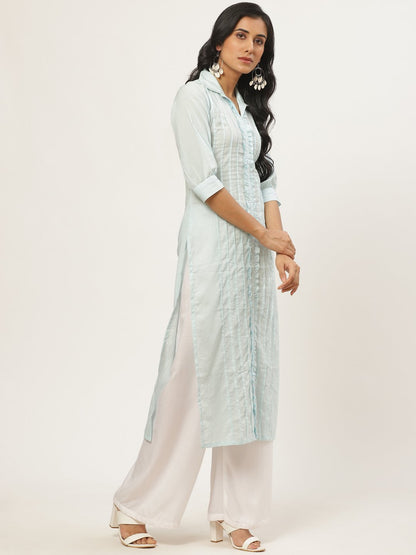 Women Blue Calf Length Three-Quarter Sleeves Straight Solid Solid Cotton Kurta | LASVINI - Redefining Indian Fashion with Elegance