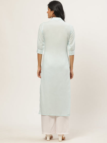Women Blue Calf Length Three-Quarter Sleeves Straight Solid Solid Cotton Kurta | LASVINI - Redefining Indian Fashion with Elegance