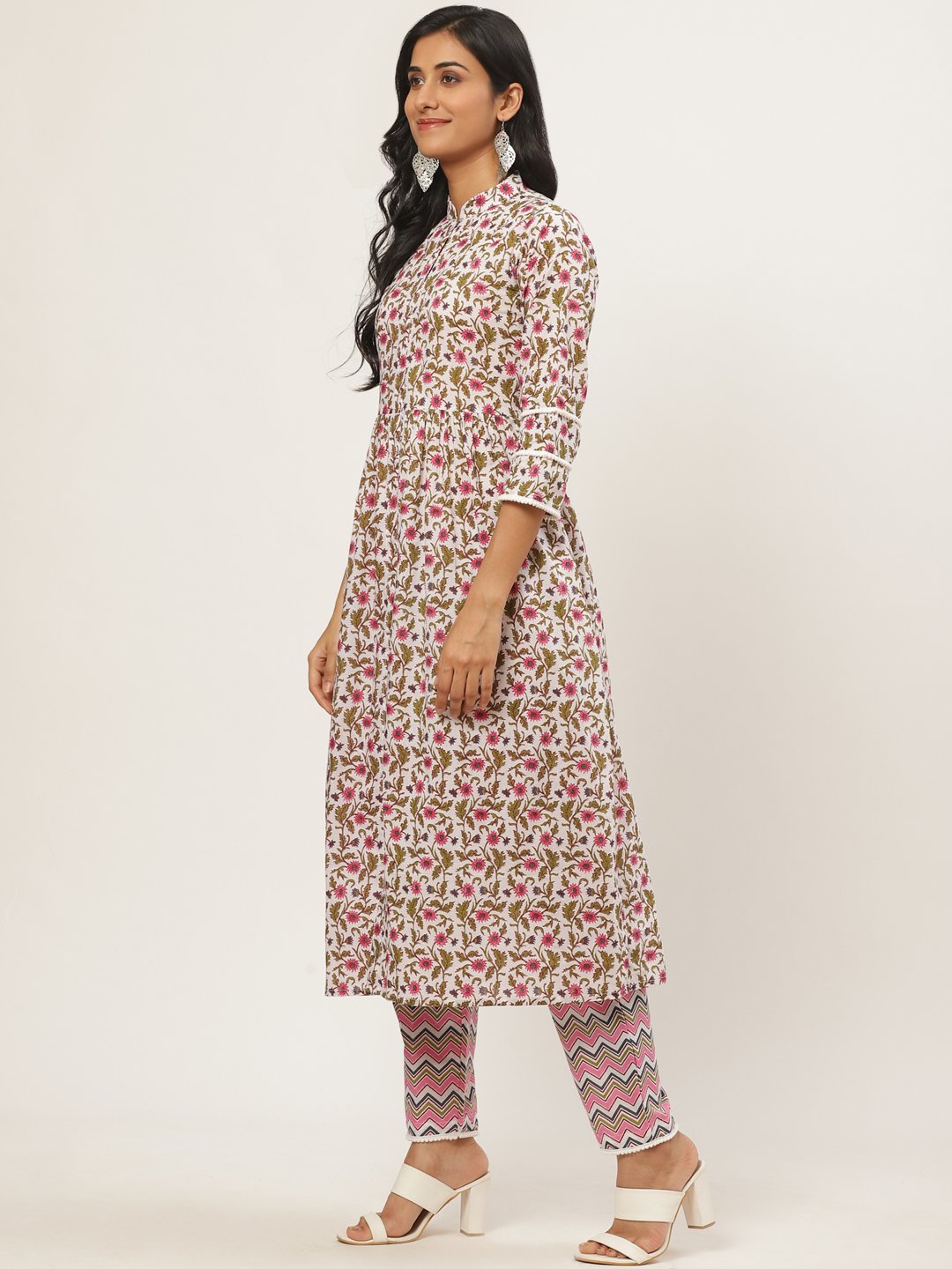 Women White Three-Quarter Sleeves Flared Kurta With Palazzo | LASVINI - Redefining Indian Fashion with Elegance