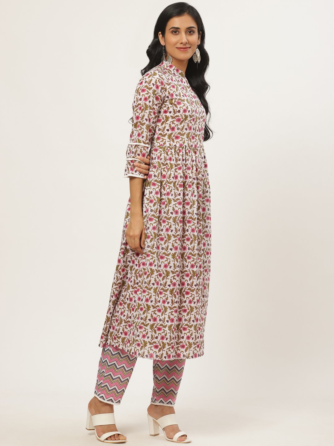Women White Three-Quarter Sleeves Flared Kurta With Palazzo | LASVINI - Redefining Indian Fashion with Elegance