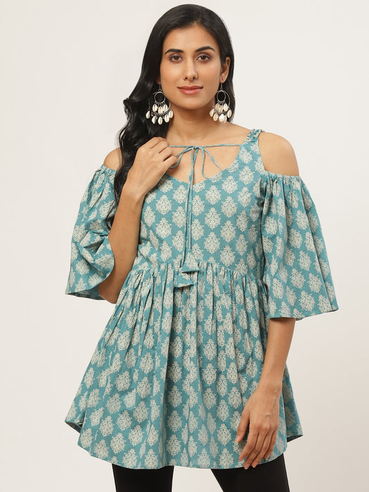 Women Turq Printed Tie-Up Tunic | LASVINI - Redefining Indian Fashion with Elegance