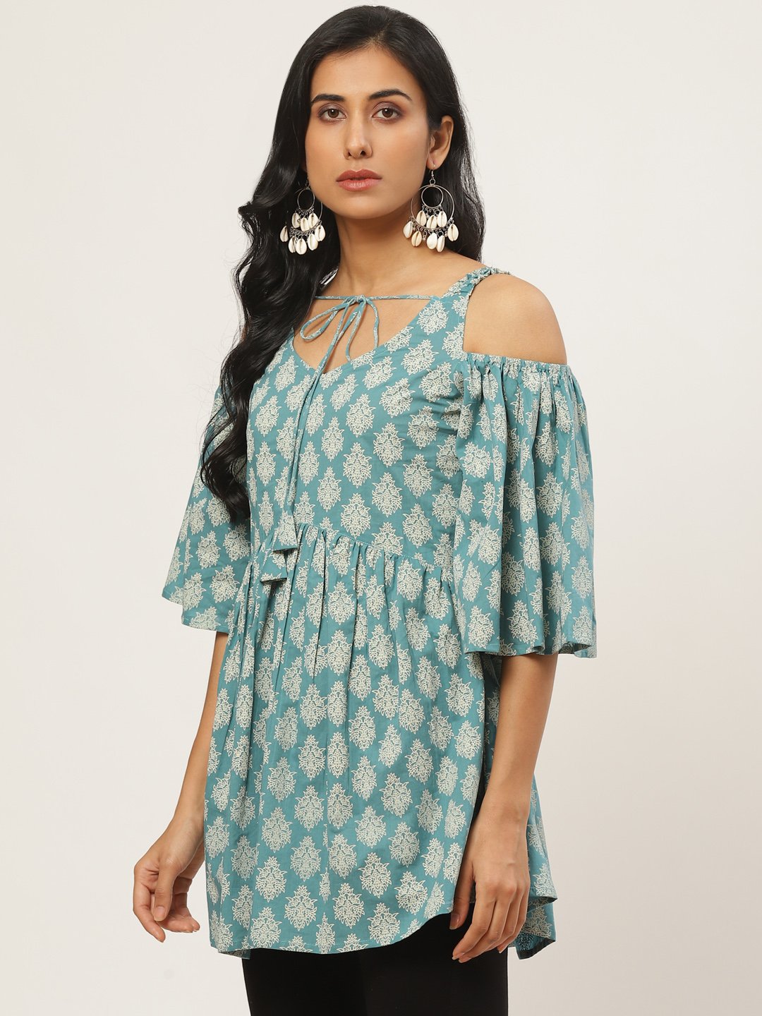 Women Turq Printed Tie-Up Tunic | LASVINI - Redefining Indian Fashion with Elegance