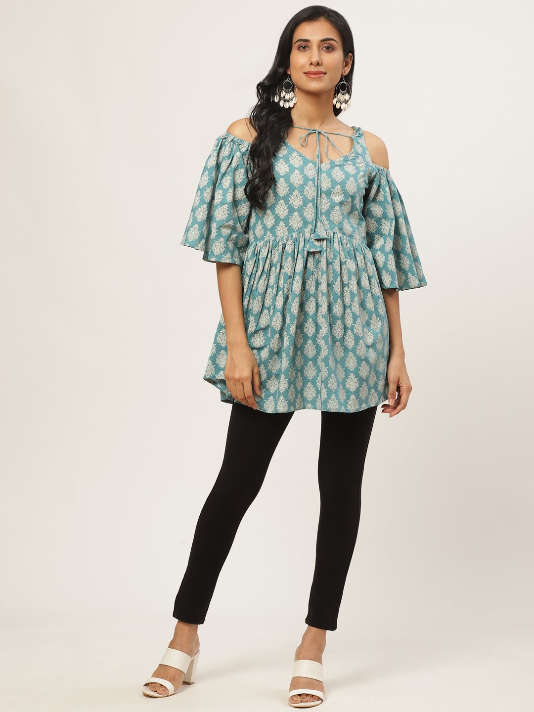 Women Turq Printed Tie-Up Tunic | LASVINI - Redefining Indian Fashion with Elegance