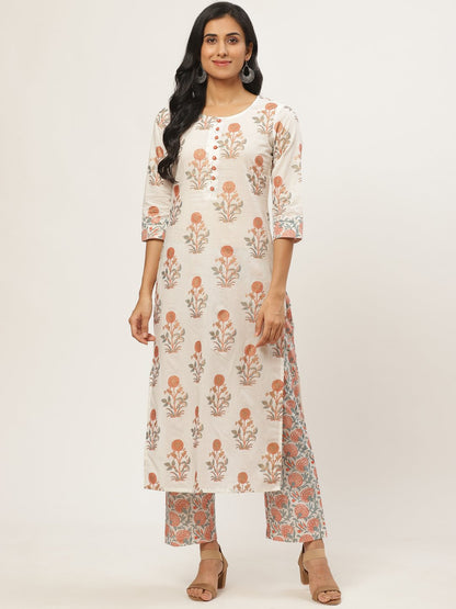 Women Cream Three-Quarter Sleeves Straight Kurta With Palazzo | LASVINI - Redefining Indian Fashion with Elegance