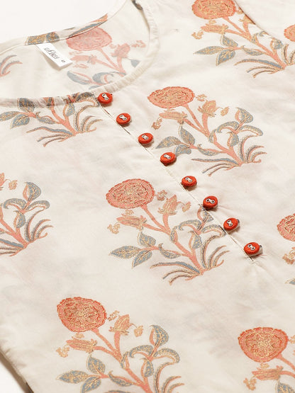 Women Cream Three-Quarter Sleeves Straight Kurta With Palazzo | LASVINI - Redefining Indian Fashion with Elegance