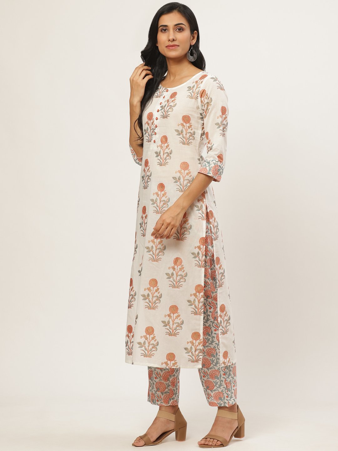 Women Cream Three-Quarter Sleeves Straight Kurta With Palazzo | LASVINI - Redefining Indian Fashion with Elegance