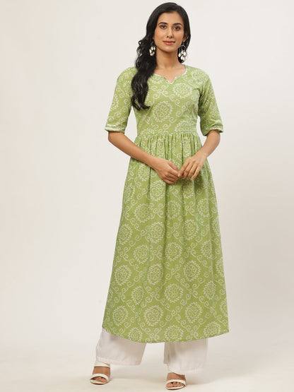 Women Green Calf Length Short Sleeves A-Line Bandhani Printed Cotton Kurta | LASVINI - Redefining Indian Fashion with Elegance