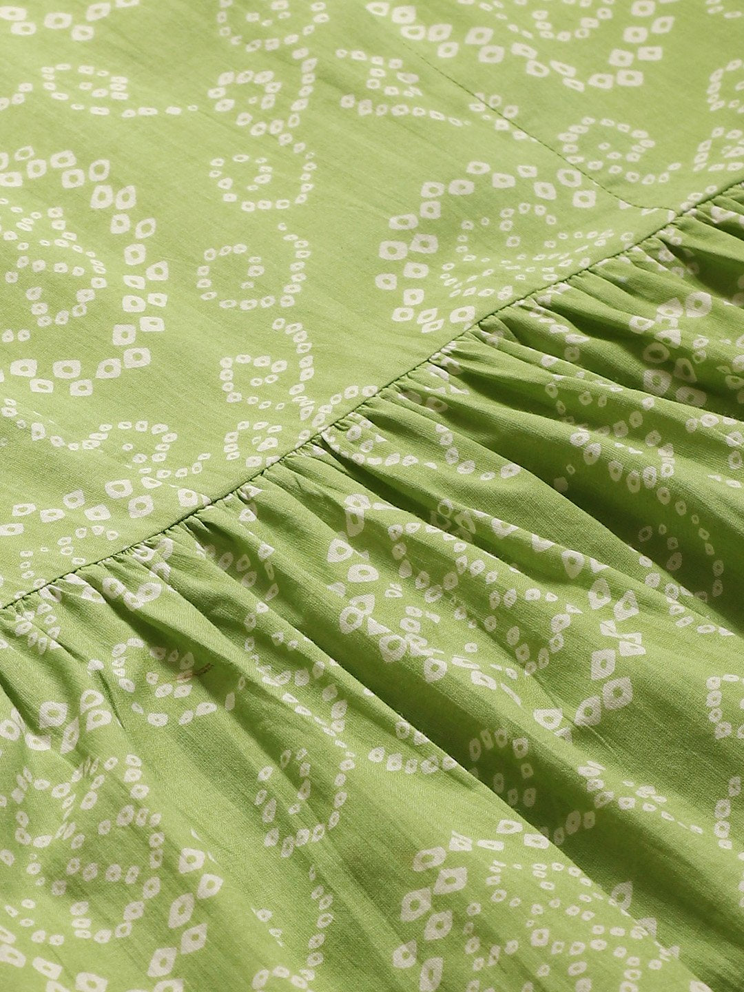 Women Green Calf Length Short Sleeves A-Line Bandhani Printed Cotton Kurta | LASVINI - Redefining Indian Fashion with Elegance