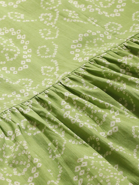 Women Green Calf Length Short Sleeves A-Line Bandhani Printed Cotton Kurta | LASVINI - Redefining Indian Fashion with Elegance