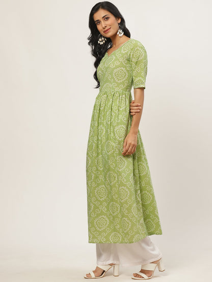 Women Green Calf Length Short Sleeves A-Line Bandhani Printed Cotton Kurta | LASVINI - Redefining Indian Fashion with Elegance