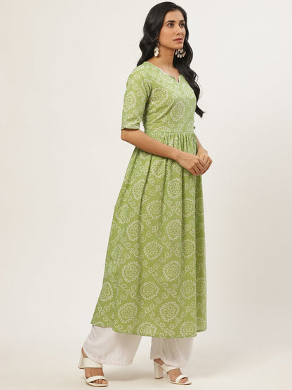 Women Green Calf Length Short Sleeves A-Line Bandhani Printed Cotton Kurta | LASVINI - Redefining Indian Fashion with Elegance