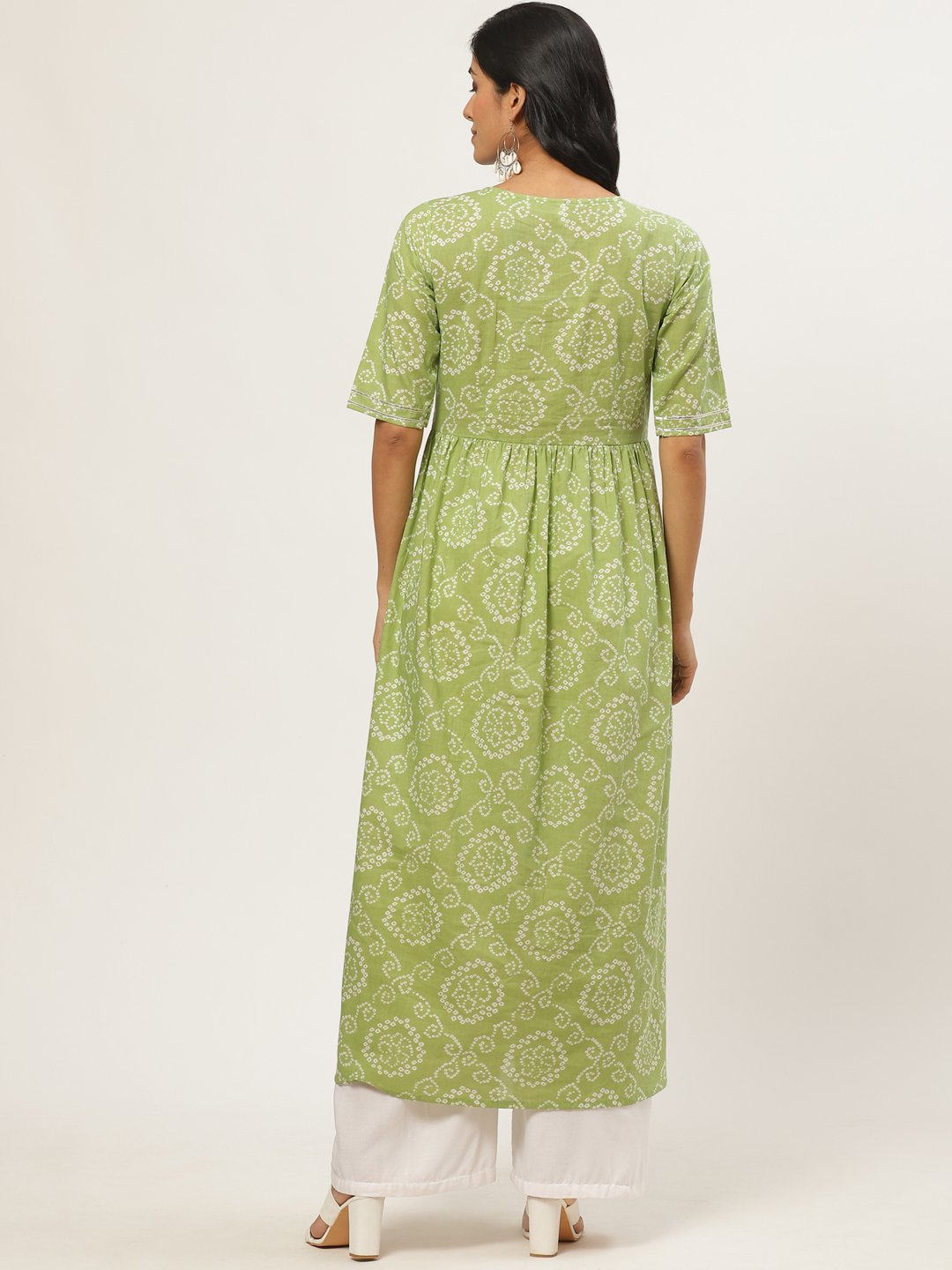 Women Green Calf Length Short Sleeves A-Line Bandhani Printed Cotton Kurta | LASVINI - Redefining Indian Fashion with Elegance
