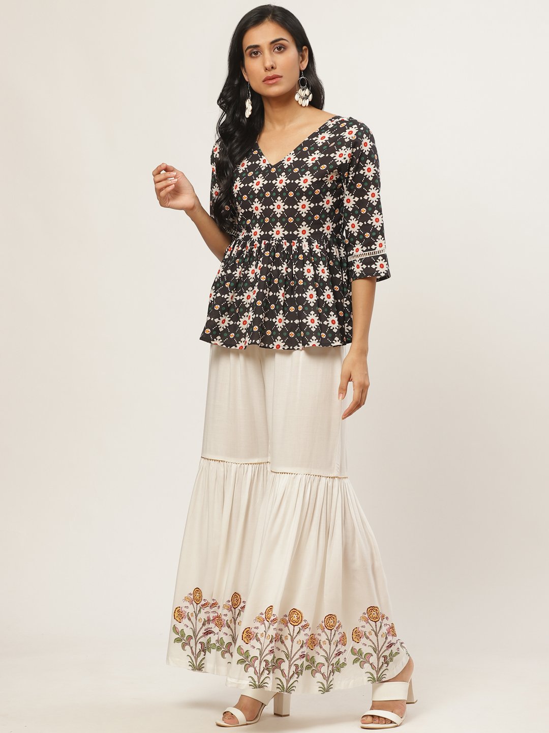 Women Off-White Falred Sharara | LASVINI - Redefining Indian Fashion with Elegance