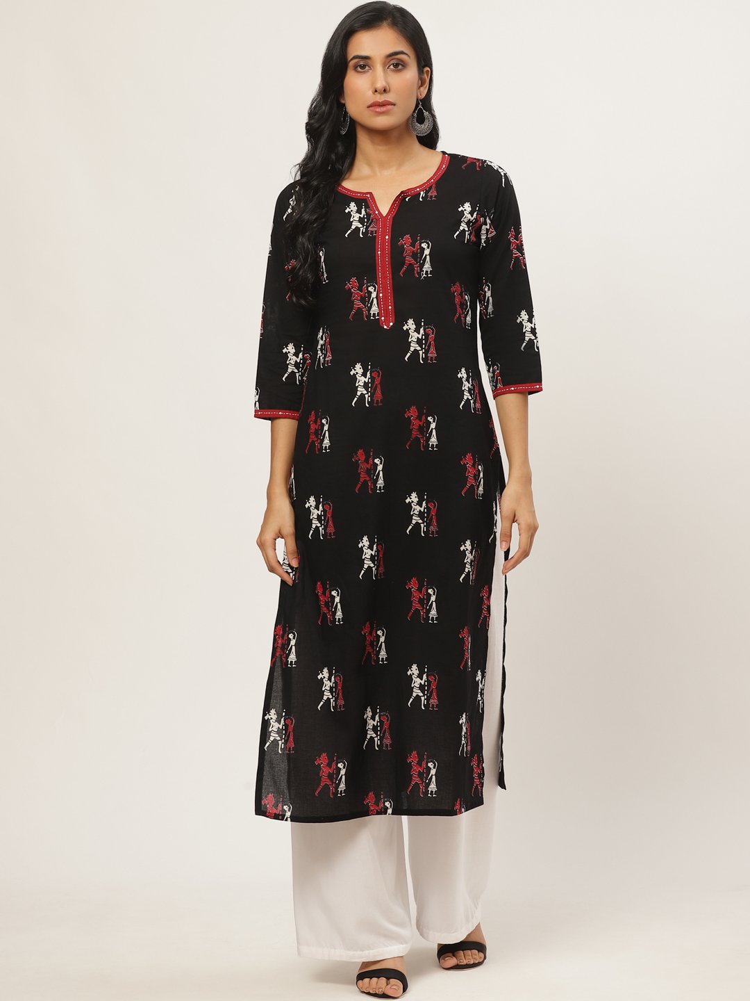 Women Black Calf Length Three-Quarter Sleeves Straight Quirky Printed Cotton Kurta | LASVINI - Redefining Indian Fashion with Elegance