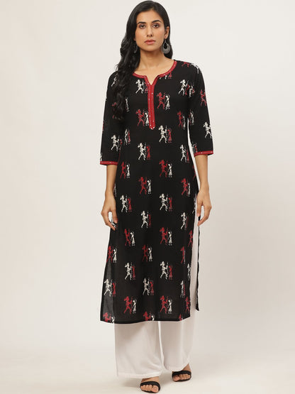 Women Black Calf Length Three-Quarter Sleeves Straight Quirky Printed Cotton Kurta | LASVINI - Redefining Indian Fashion with Elegance