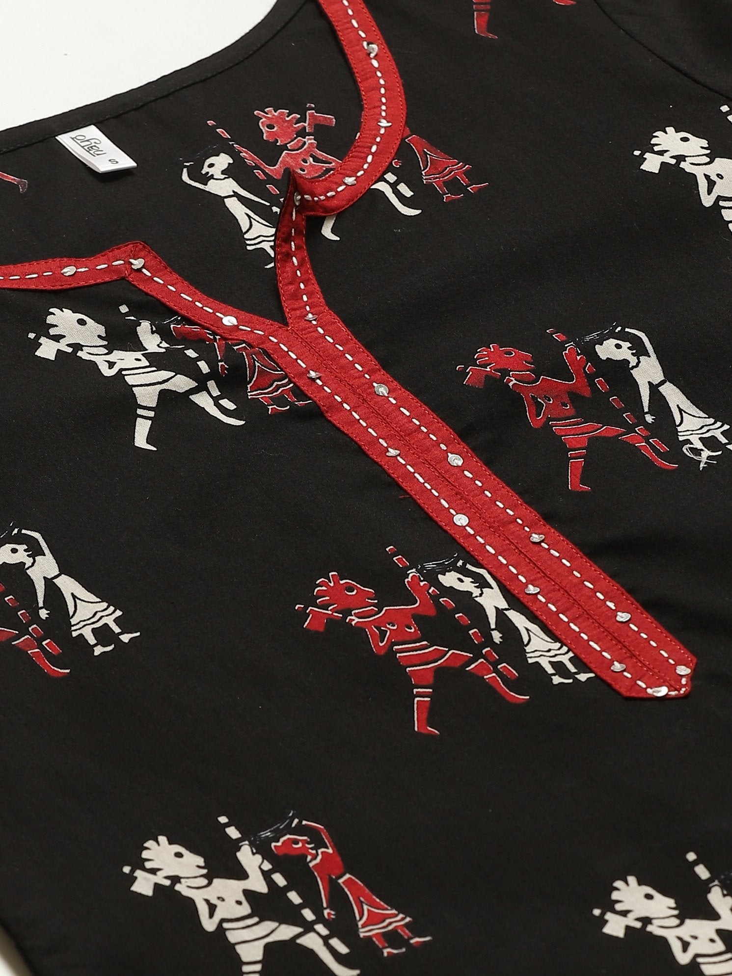 Women Black Calf Length Three-Quarter Sleeves Straight Quirky Printed Cotton Kurta | LASVINI - Redefining Indian Fashion with Elegance