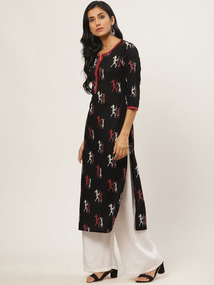Women Black Calf Length Three-Quarter Sleeves Straight Quirky Printed Cotton Kurta | LASVINI - Redefining Indian Fashion with Elegance