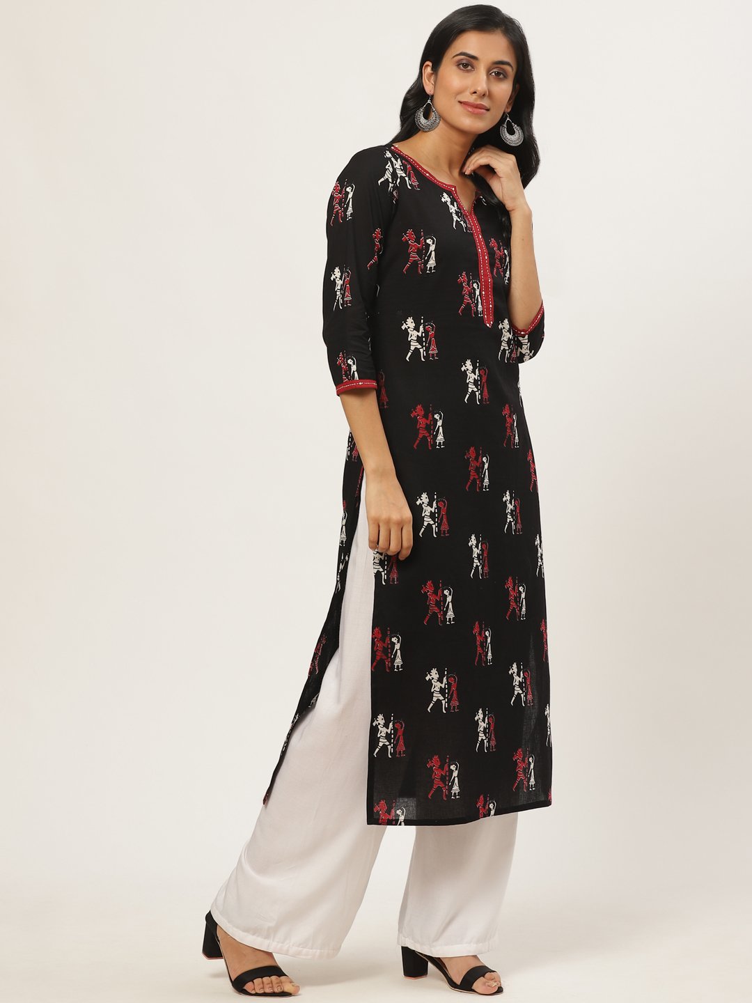 Women Black Calf Length Three-Quarter Sleeves Straight Quirky Printed Cotton Kurta | LASVINI - Redefining Indian Fashion with Elegance