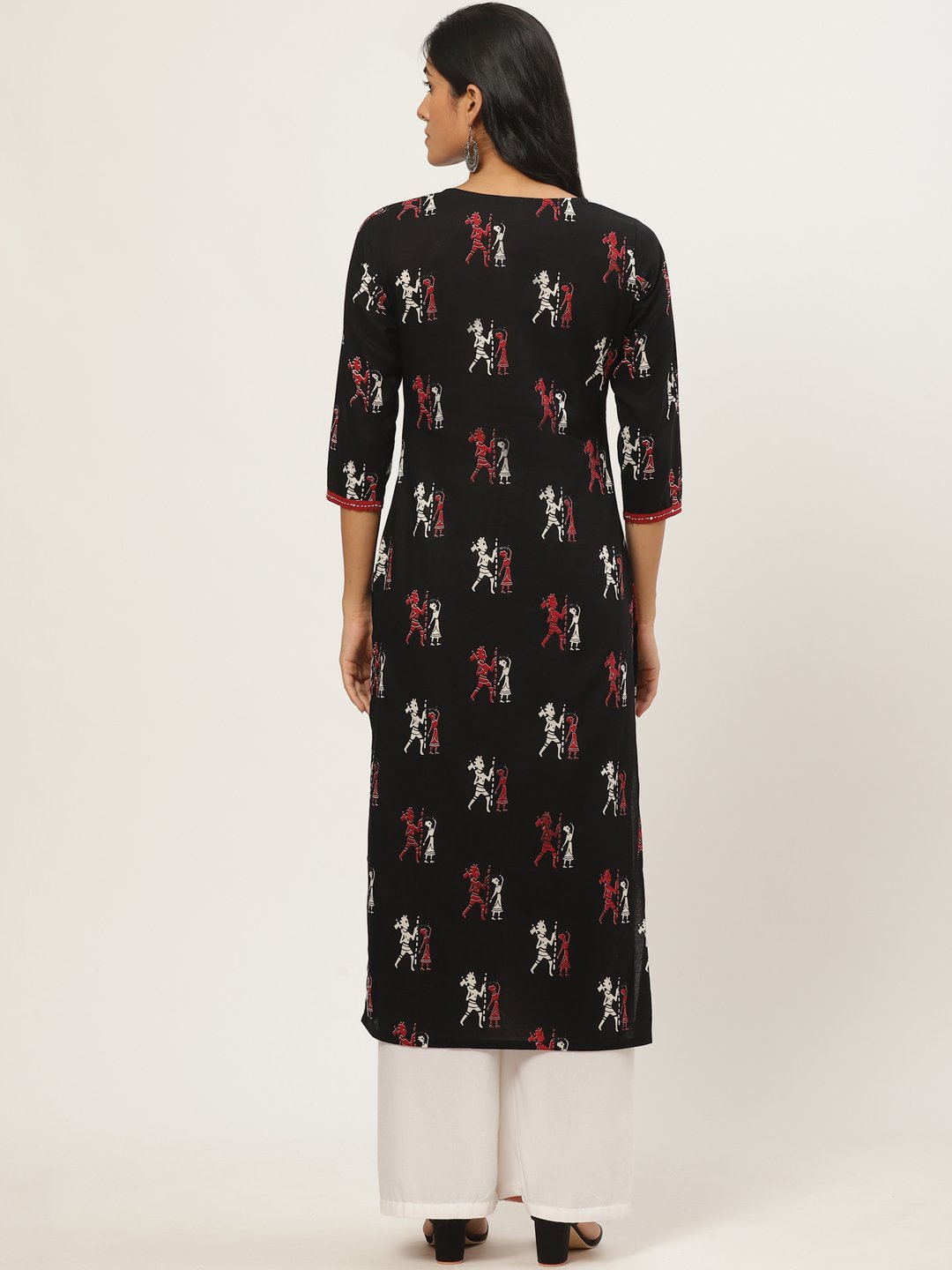 Women Black Calf Length Three-Quarter Sleeves Straight Quirky Printed Cotton Kurta | LASVINI - Redefining Indian Fashion with Elegance