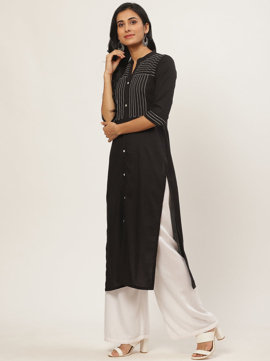Women Black Calf Length Three-Quarter Sleeves Straight Solid Yoke Design Cotton Kurta | LASVINI - Redefining Indian Fashion with Elegance