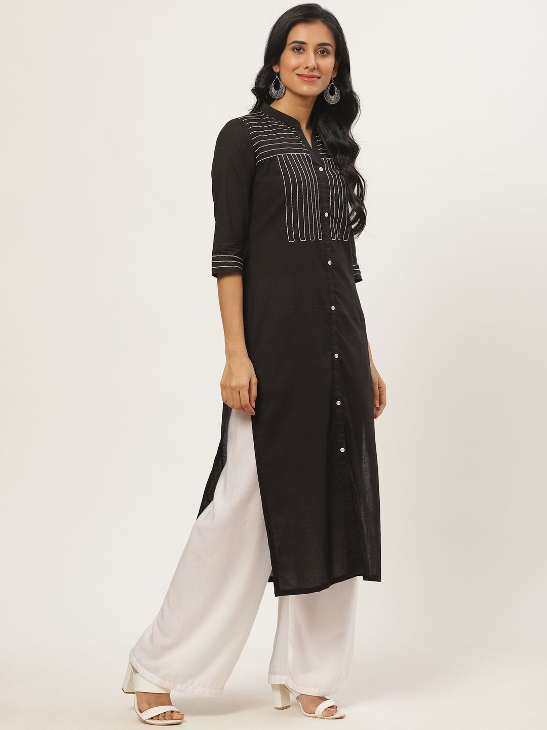Women Black Calf Length Three-Quarter Sleeves Straight Solid Yoke Design Cotton Kurta | LASVINI - Redefining Indian Fashion with Elegance