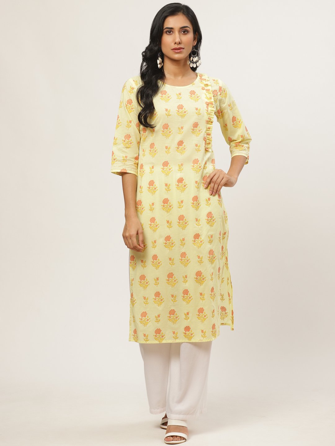 Women Yellow Calf Length Three-Quarter Sleeves Straight Floral Yoke Design Cotton Kurta | LASVINI - Redefining Indian Fashion with Elegance