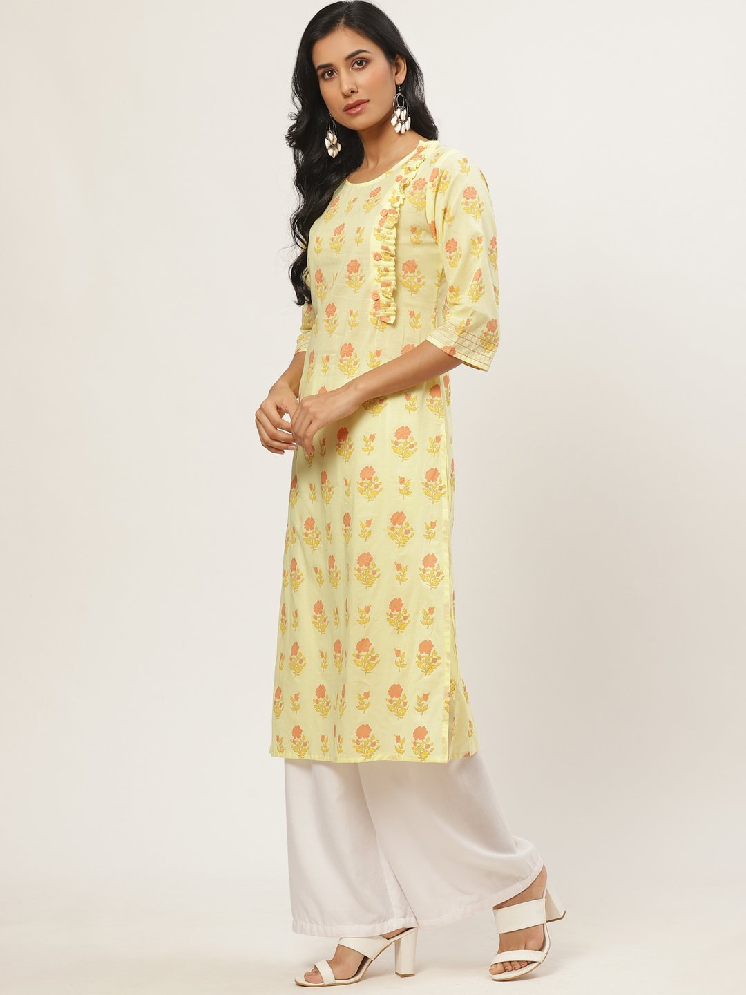 Women Yellow Calf Length Three-Quarter Sleeves Straight Floral Yoke Design Cotton Kurta | LASVINI - Redefining Indian Fashion with Elegance