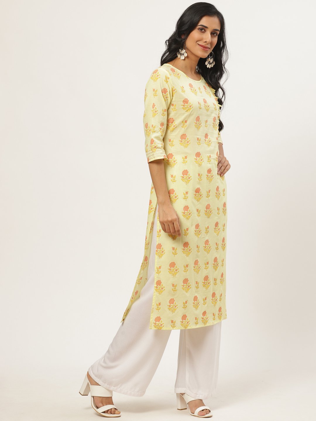 Women Yellow Calf Length Three-Quarter Sleeves Straight Floral Yoke Design Cotton Kurta | LASVINI - Redefining Indian Fashion with Elegance