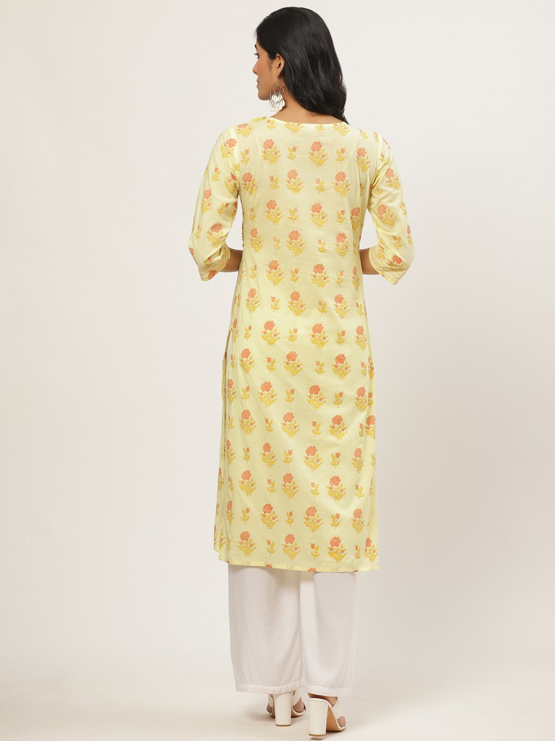 Women Yellow Calf Length Three-Quarter Sleeves Straight Floral Yoke Design Cotton Kurta | LASVINI - Redefining Indian Fashion with Elegance