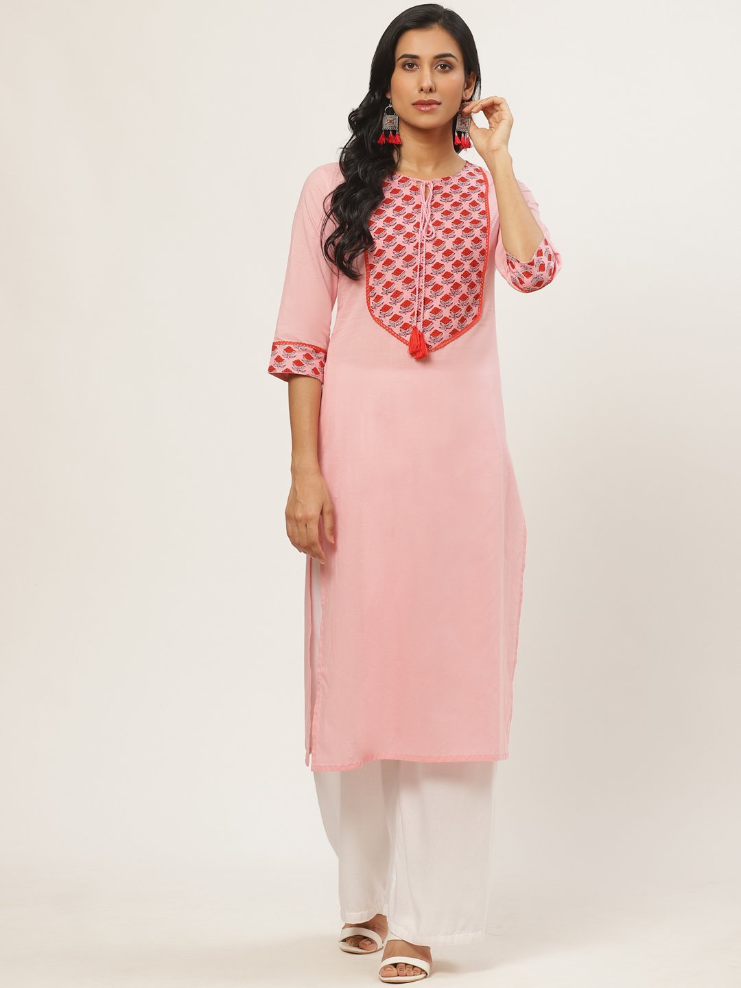Women Pink Calf Length Three-Quarter Sleeves Straight Solid Yoke Design Cotton Kurta | LASVINI - Redefining Indian Fashion with Elegance