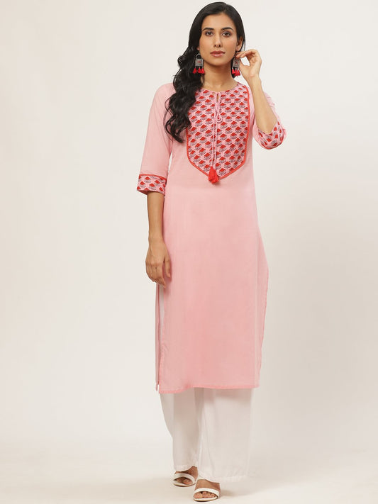 Women Pink Calf Length Three-Quarter Sleeves Straight Solid Yoke Design Cotton Kurta | LASVINI - Redefining Indian Fashion with Elegance