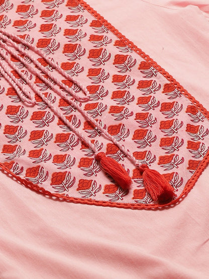 Women Pink Calf Length Three-Quarter Sleeves Straight Solid Yoke Design Cotton Kurta | LASVINI - Redefining Indian Fashion with Elegance