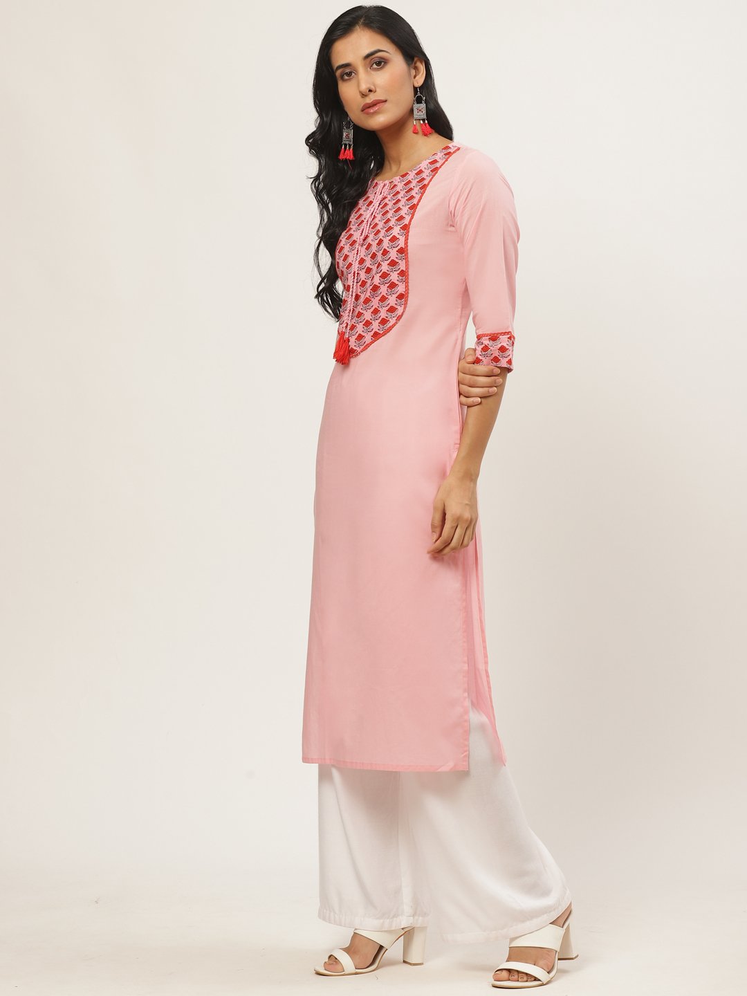 Women Pink Calf Length Three-Quarter Sleeves Straight Solid Yoke Design Cotton Kurta | LASVINI - Redefining Indian Fashion with Elegance