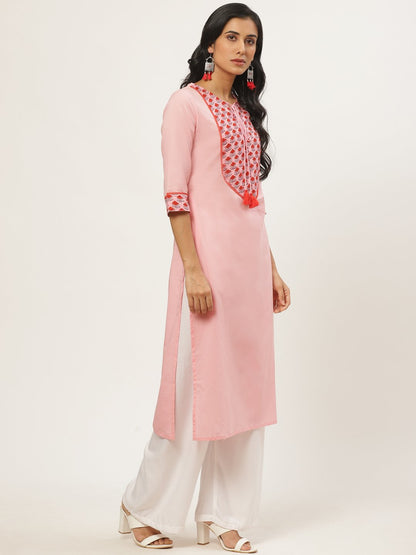 Women Pink Calf Length Three-Quarter Sleeves Straight Solid Yoke Design Cotton Kurta | LASVINI - Redefining Indian Fashion with Elegance