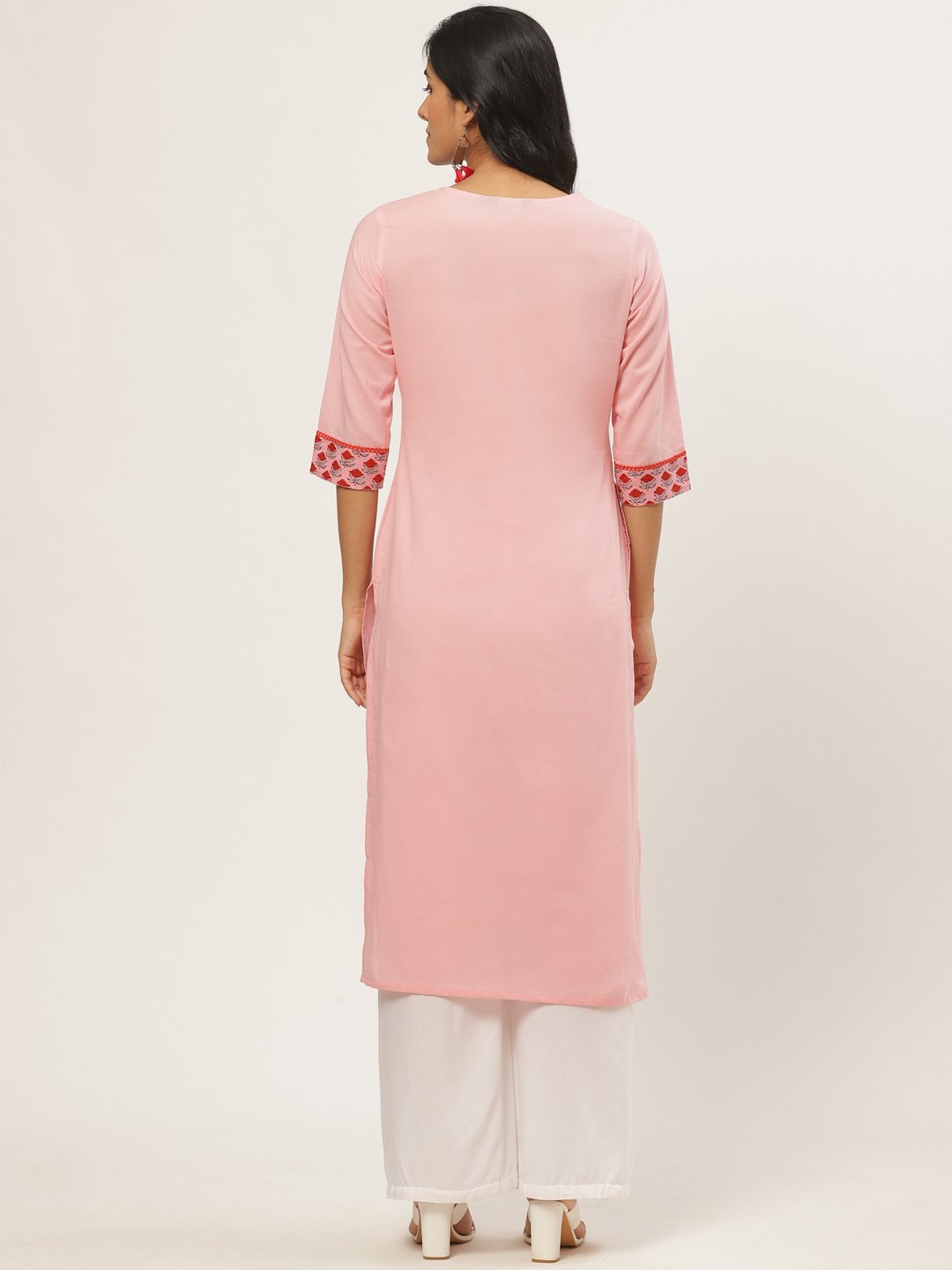 Women Pink Calf Length Three-Quarter Sleeves Straight Solid Yoke Design Cotton Kurta | LASVINI - Redefining Indian Fashion with Elegance