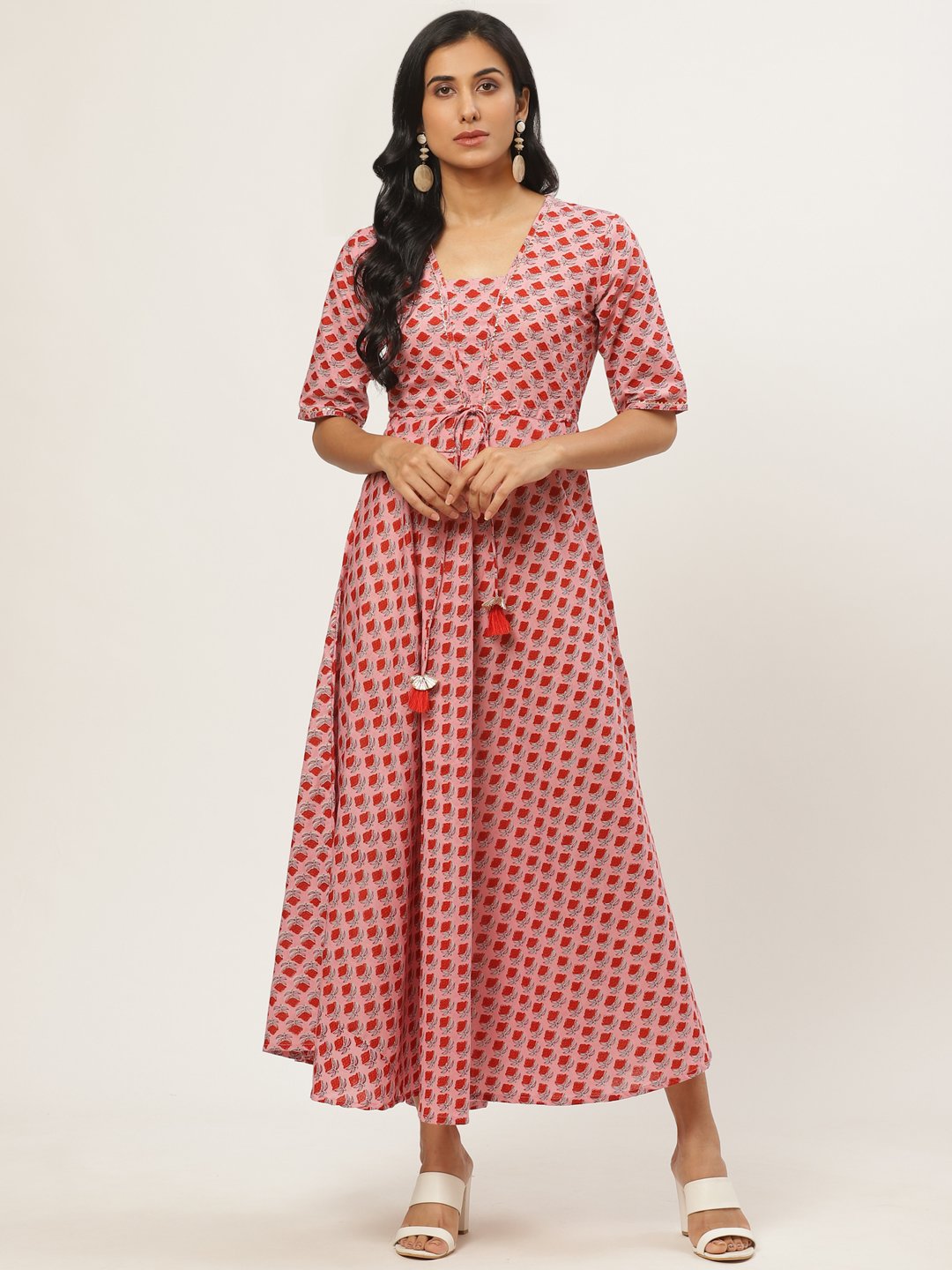 Women Pink Floral Printed Square Neck Cotton Fit And Flare Dress | LASVINI - Redefining Indian Fashion with Elegance